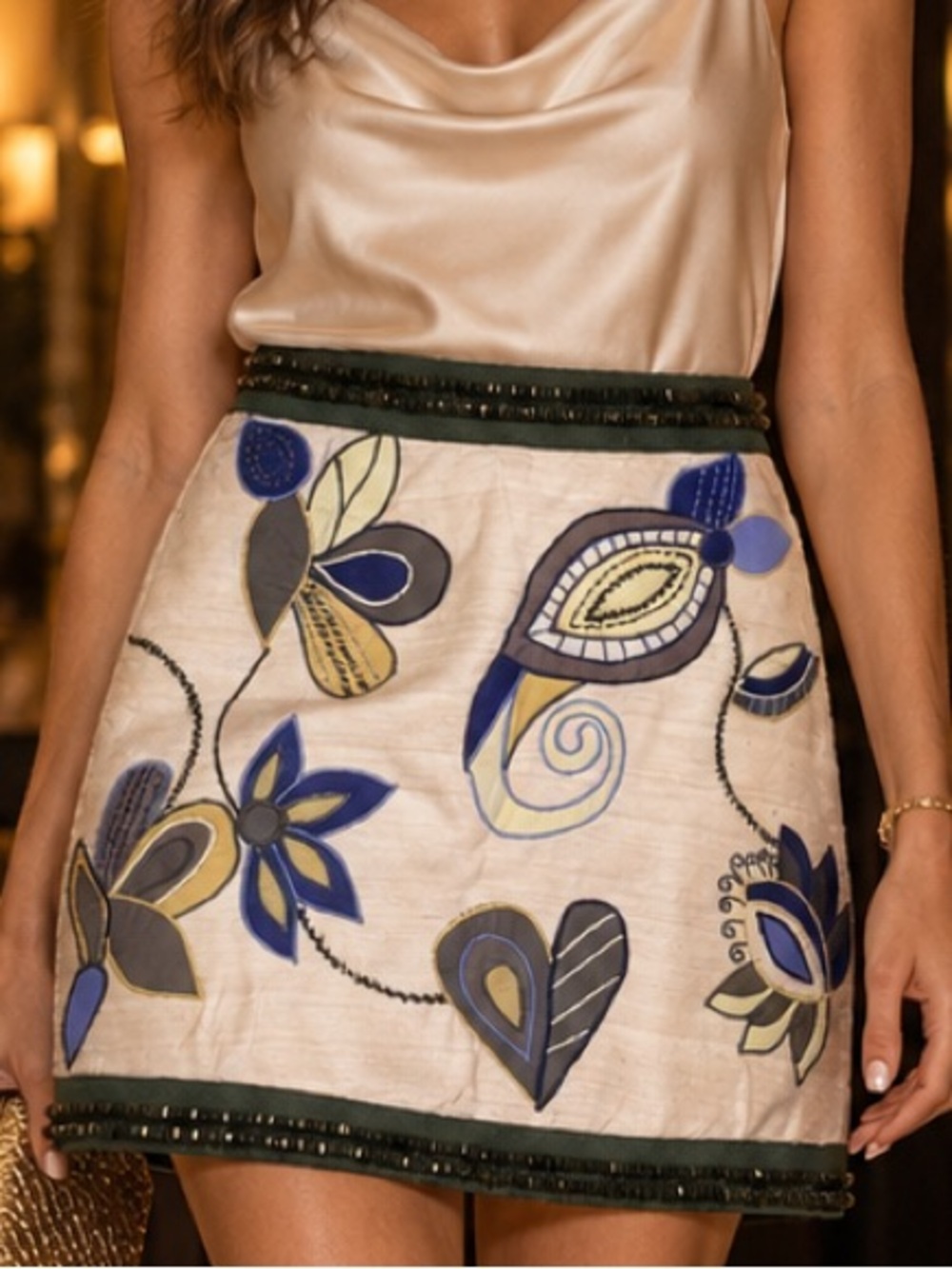 Veronica Beard Inga Silk Embroidered Beaded Mini Skirt Designer